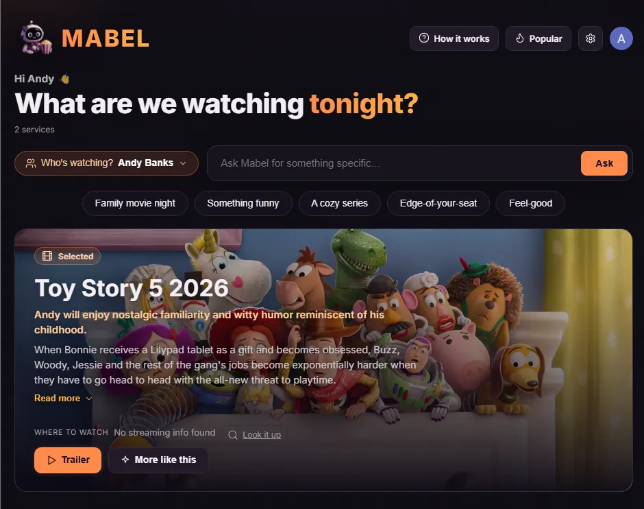 Mabel, the movie-night app I designed and built